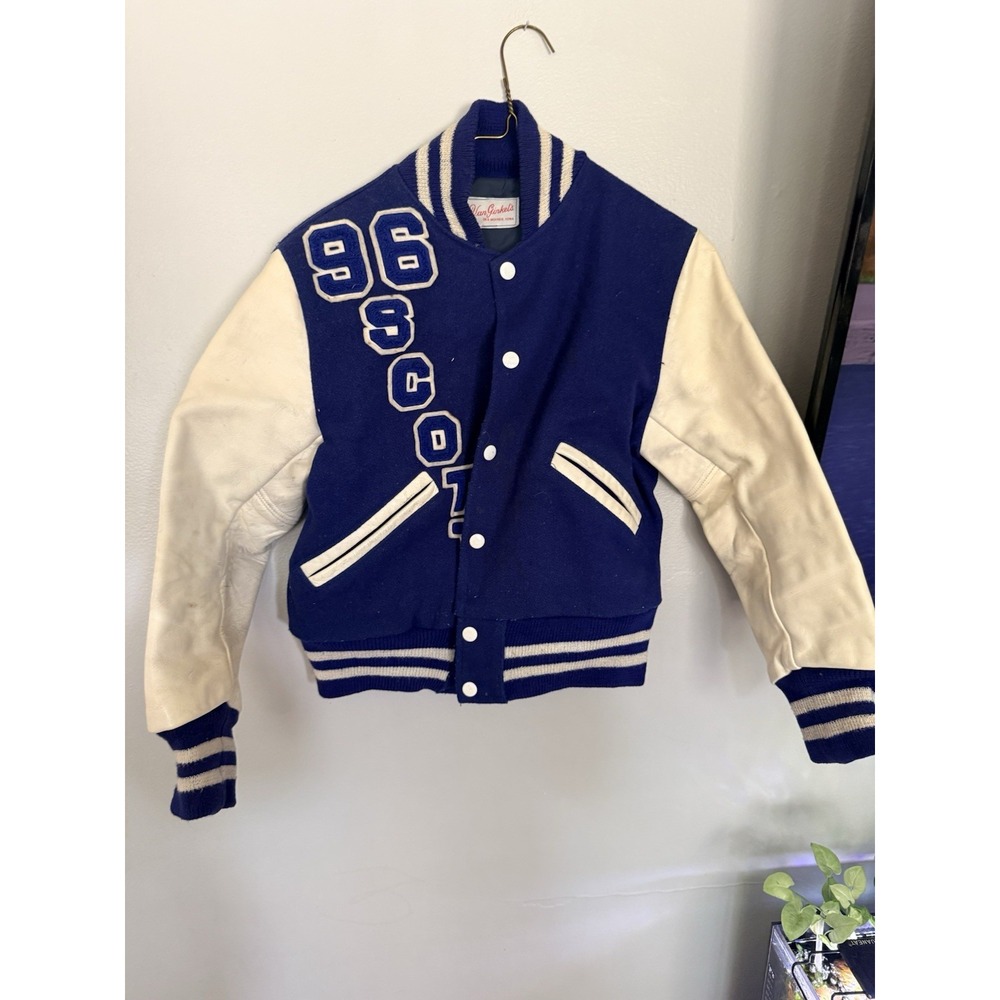 Vintage Blue Varsity Jacket - Boys Large Wool Leather Van Ginkels